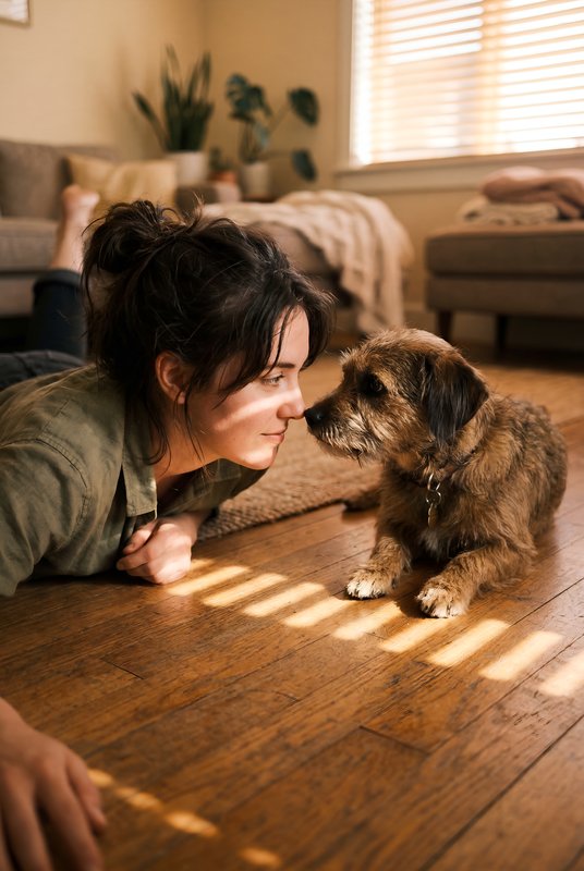 Woman lies on floor and interacts with a dog at home Premium Stock Photo - stock photo