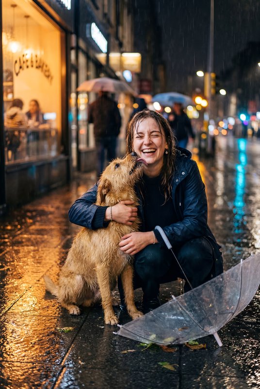 Woman enjoys time with dog in rain at city street Premium Stock Image - stock photo