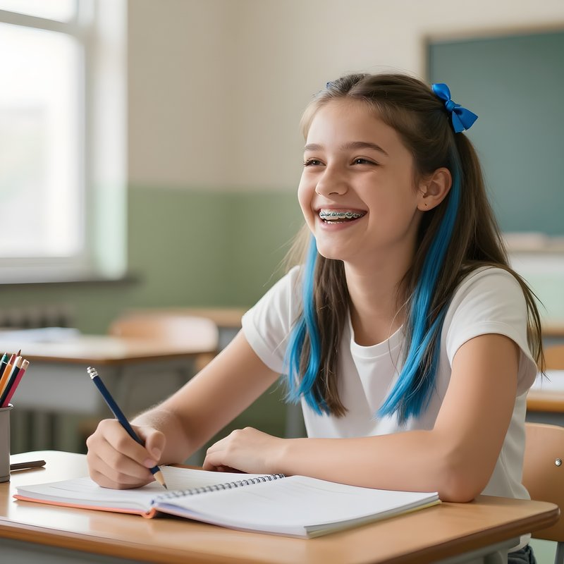 Student enjoys writing in class while smiling at the teacher Premium Stock Photo - stock photo