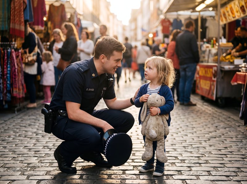 Police officer talks to child at busy market during day Premium Stock Photo - stock photo