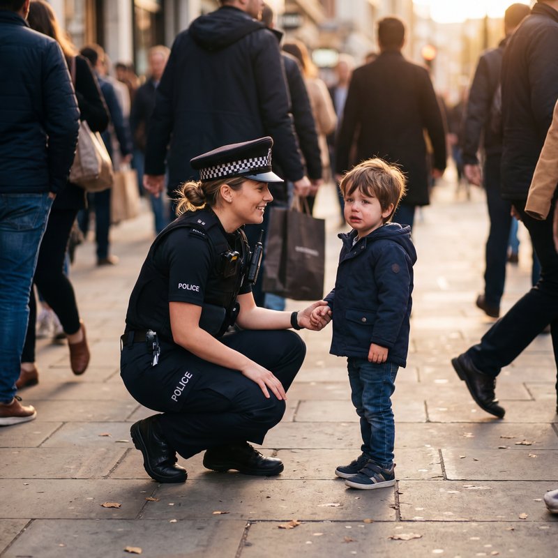 Police officer talks to child on busy street in the city Premium Stock Image - stock photo