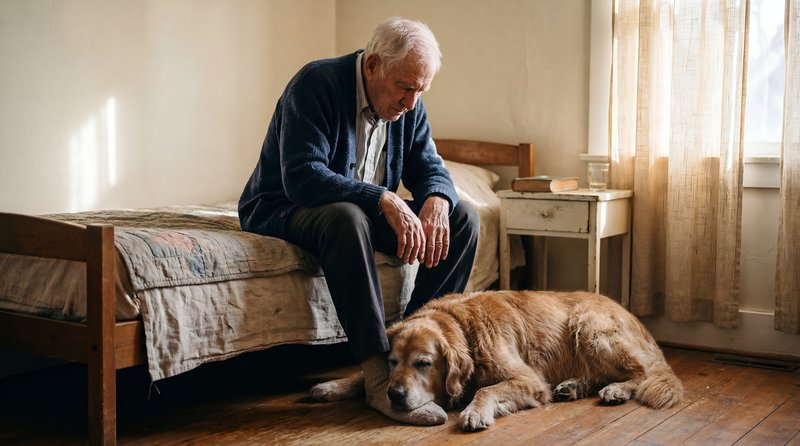 Elderly man sits by bed with golden retriever in room Premium Stock Image - stock photo