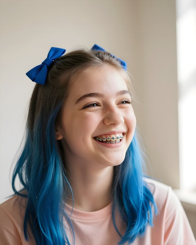 Girl with blue hair and bows smiles indoors near window Premium Stock Image - stock photo