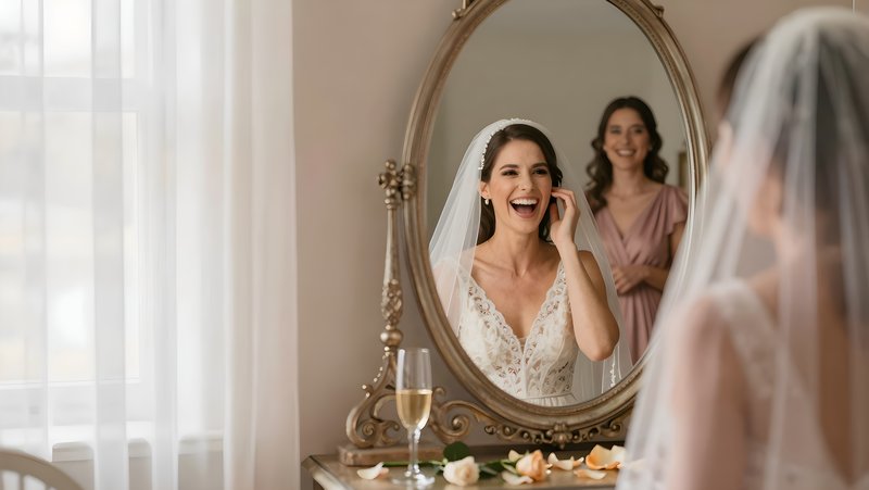 Bride smiles while preparing for wedding in elegant room Premium Stock Photo - stock photo