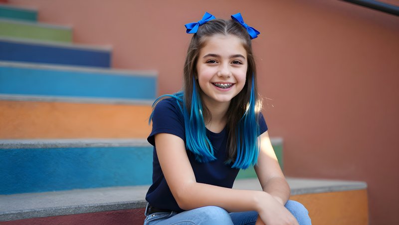 Girl sits on colorful steps with blue hair and bows Premium Stock Photo - stock photo
