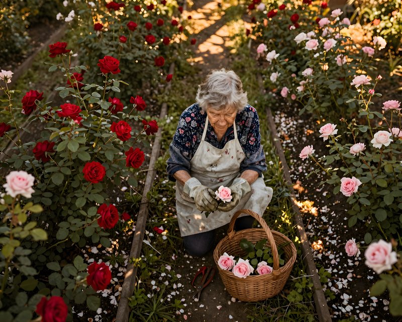 Elderly woman picking roses in a garden at sunset Premium Stock Photo - stock photo