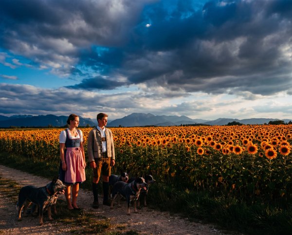 Couple walks with dogs in sunflower field during sunset near mountains - stock photo