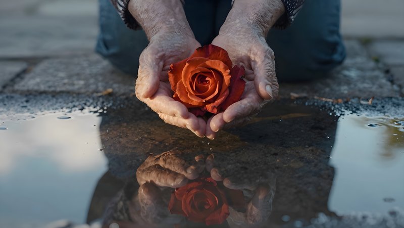Hands hold a rose above water reflection on the ground Premium Stock Photo - stock photo