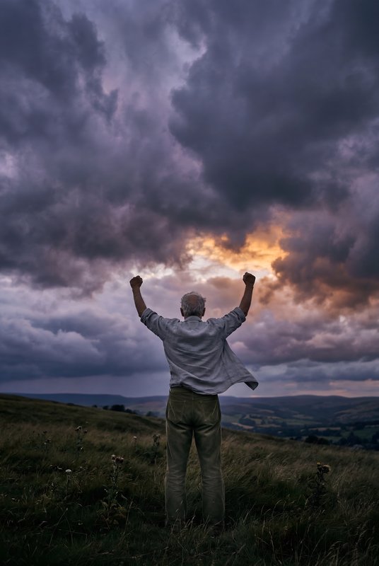 Man stands on hillside with arms raised against cloudy sky Premium Stock Image - stock photo