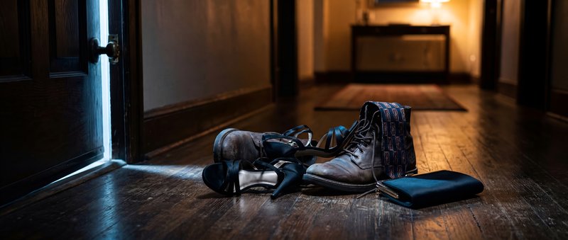 Shoes and purse left in a dim hallway at night Premium Stock Image - stock photo