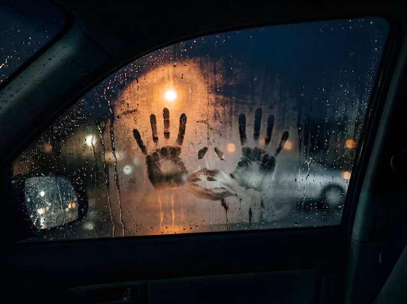 Rain covers car window with handprints at night Premium Stock Photo - stock photo