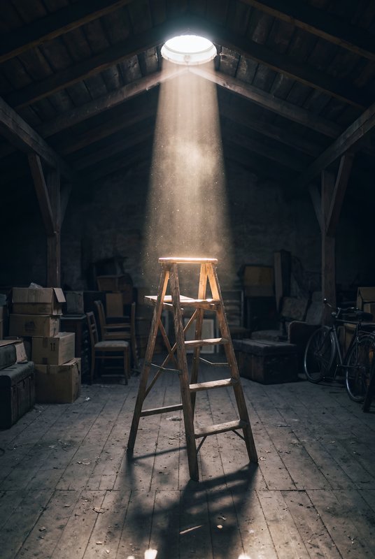 Light shines through a roof in an old attic with a ladder Premium Stock Image - stock photo