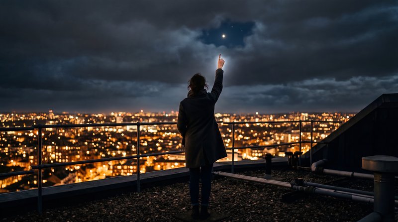 Person points at the sky from a rooftop at night Premium Stock Photo - stock photo