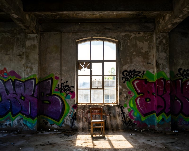 Empty chair in a room with graffiti and broken window Premium Stock Photo - stock photo
