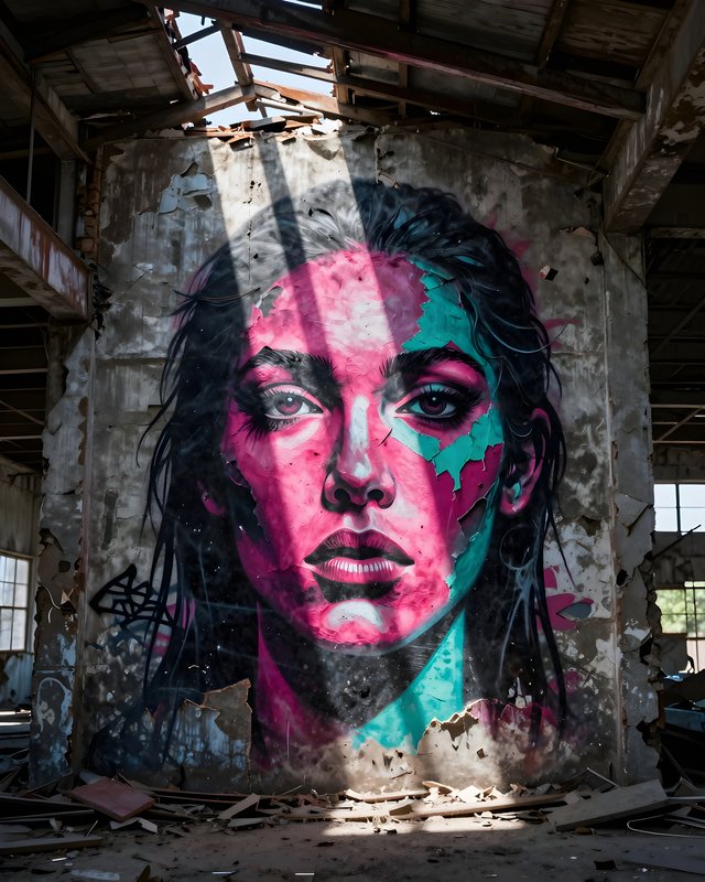 Urban art features a woman in an abandoned building Premium Stock Image - stock photo