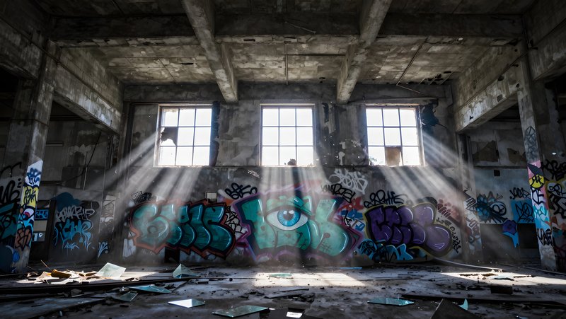 Light shines through windows in abandoned space with graffiti Premium Stock Image - stock photo