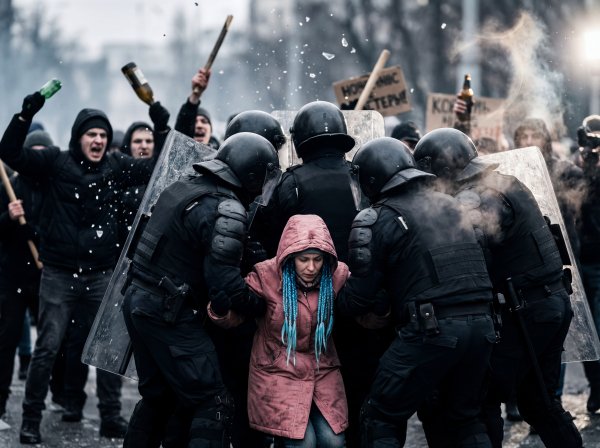 Protesters clash with police during a rally in the city center - stock photo