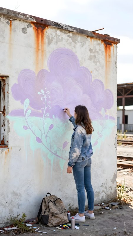 Young artist paints mural on old wall in urban area Premium Stock Image - stock photo