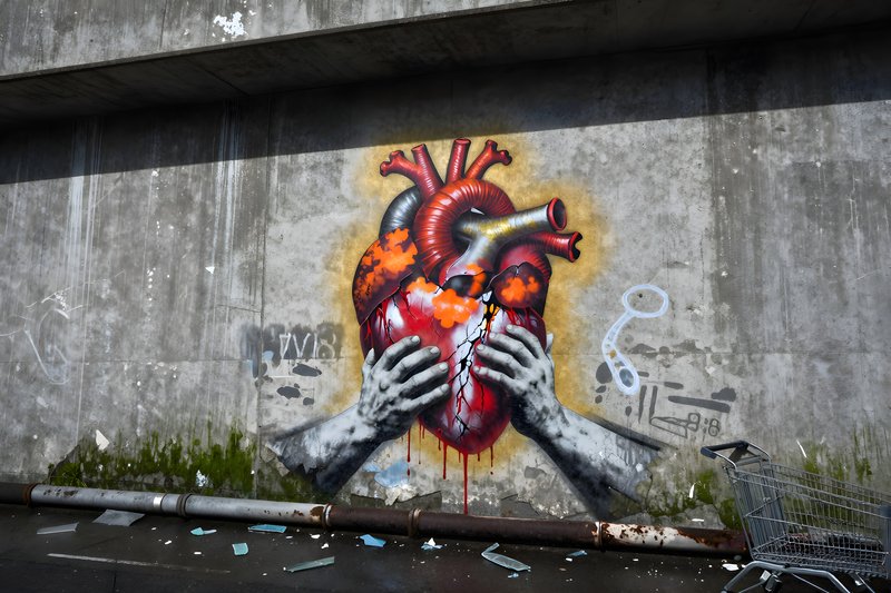 Street art shows heart held by hands on a concrete wall Premium Stock Image - stock photo