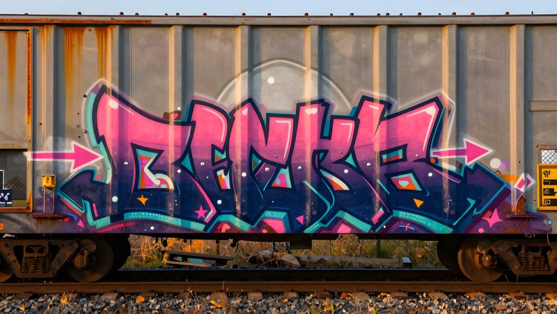 Graffiti art on train car at sunset near the tracks Premium Stock Image - stock photo