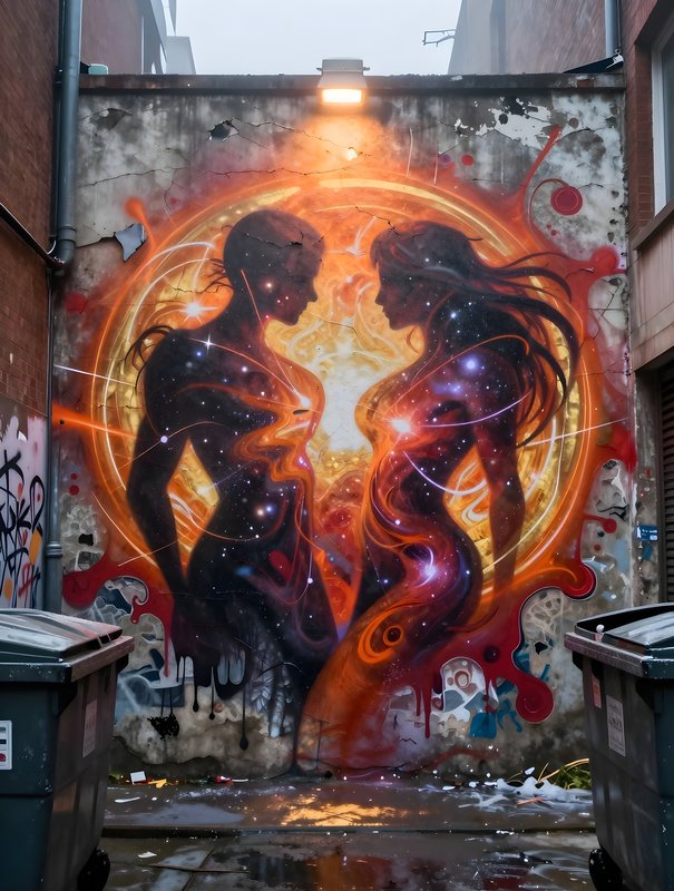 Murals of two figures in an alley at night Premium Stock Image - stock photo