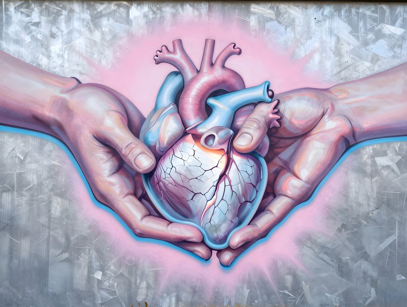 Hands hold a heart mural on a wall in an urban area Premium Stock Photo - stock photo