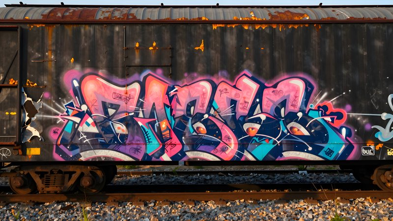 Graffiti art on train car in urban area during sunset Premium Stock Image - stock photo