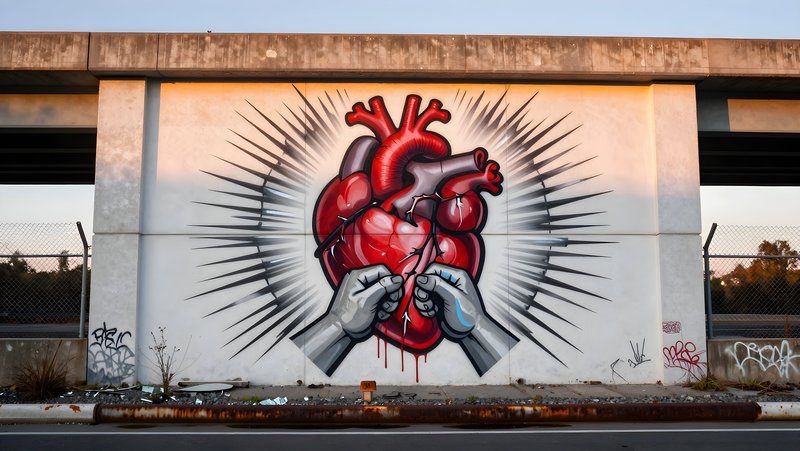 Street art mural shows heart being pulled apart on wall Premium Stock Photo - stock photo