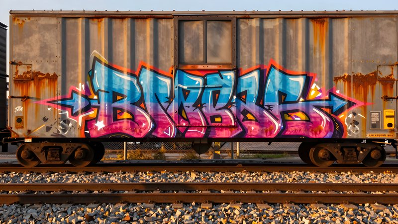 Creative graffiti on a train car in a sunny location Premium Stock Photo - stock photo