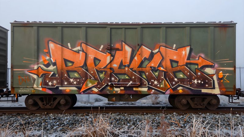 Train car covered in graffiti art near railway tracks Premium Stock Photo - stock photo