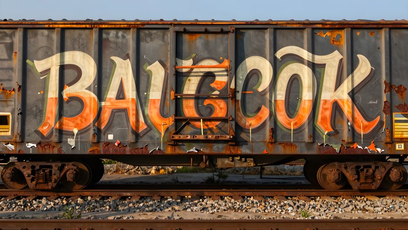 Graffiti on a freight train car at a railway yard in sunlight Premium Stock Image - stock photo