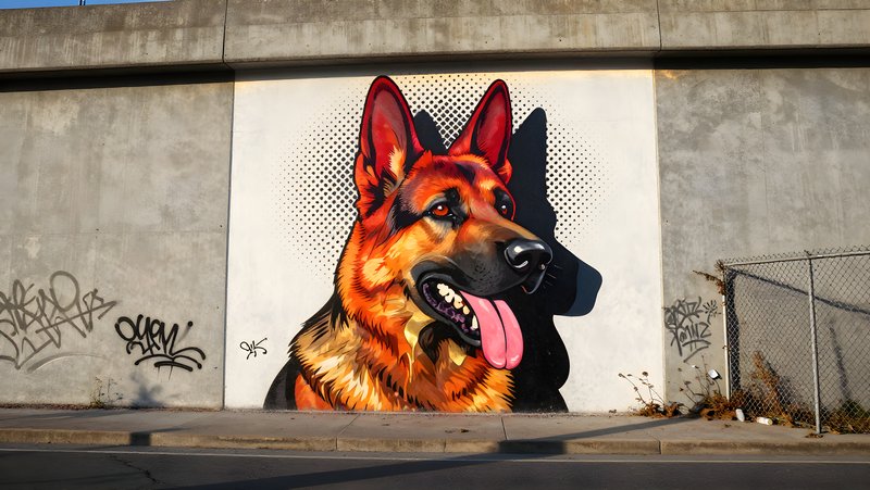Mural of German shepherd dog on city wall painted during day Premium Stock Photo - stock photo