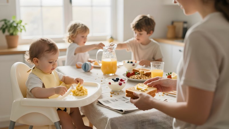 Family enjoys breakfast at home on a weekend morning Premium Stock Photo - stock photo