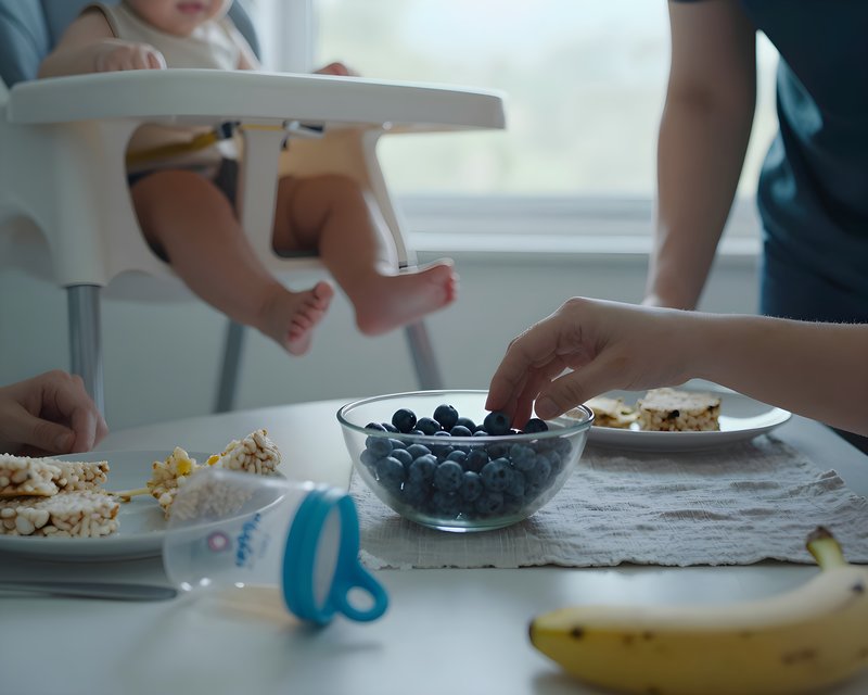 Eating blueberries during breakfast with a child in high chair Premium Stock Photo - stock photo