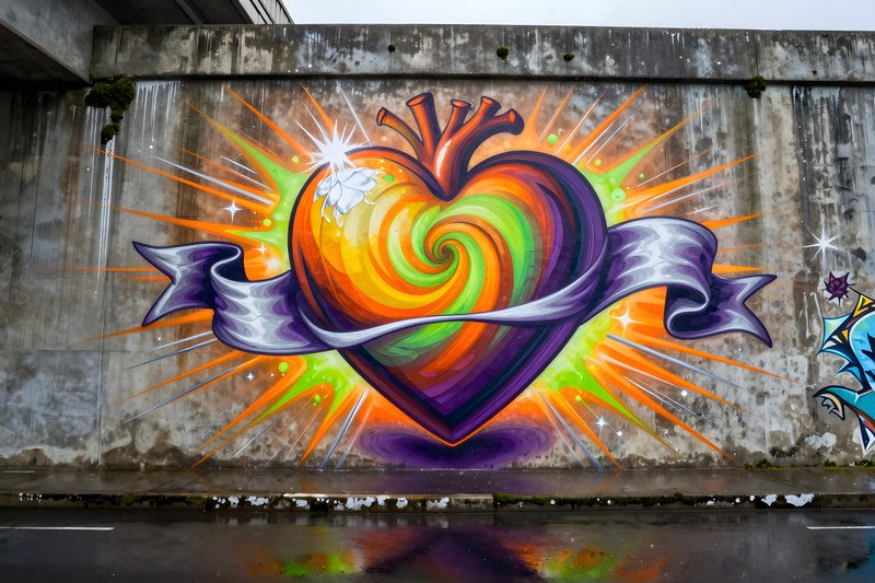 Colorful heart mural on city wall brightens urban space Premium Stock Photo - stock photo