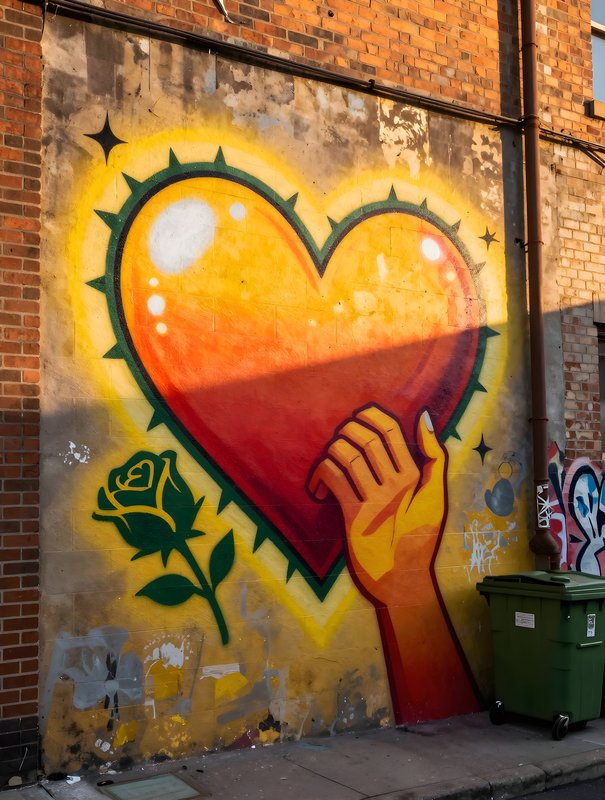 Colorful heart mural on brick wall in urban setting Premium Stock Photo - stock photo