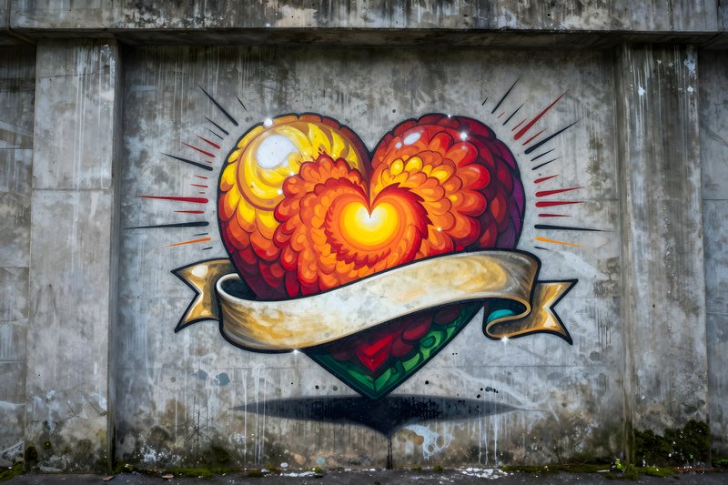 Colorful heart mural on a city wall near a busy street Premium Stock Image - stock photo
