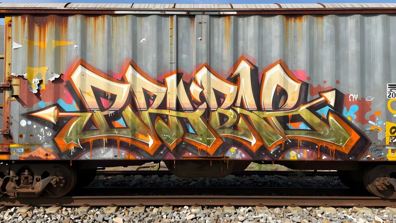 Graffiti on a train cargo container in a railway yard Premium Stock Image - stock photo
