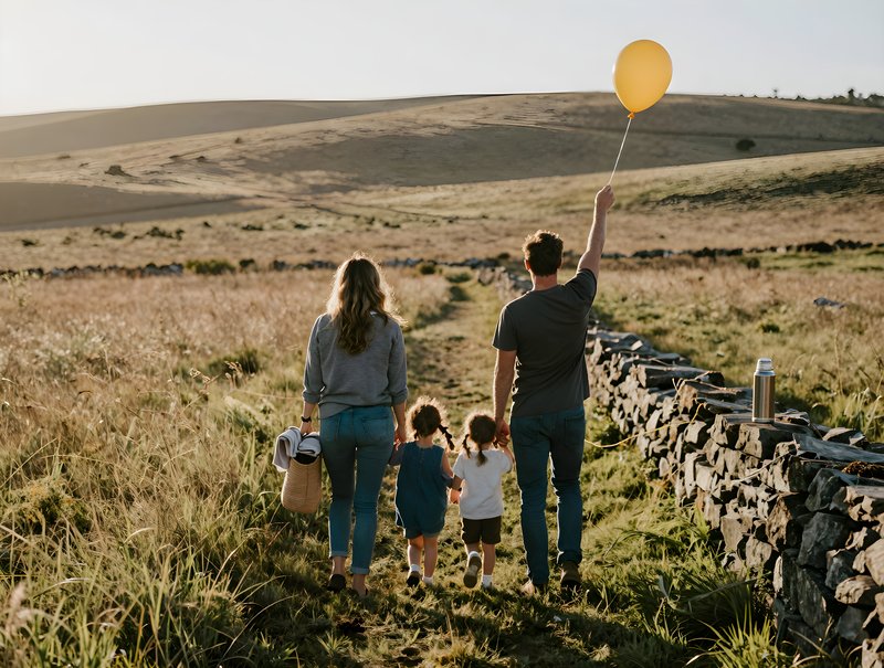 Family walks on a path holding a balloon in a field Premium Stock Photo - stock photo