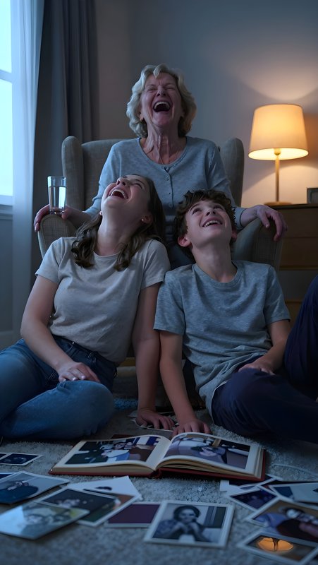 Family enjoys time together while looking at old photos Premium Stock Image - stock photo