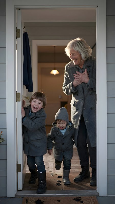 Kids run to greet their grandmother at the door Premium Stock Photo - stock photo