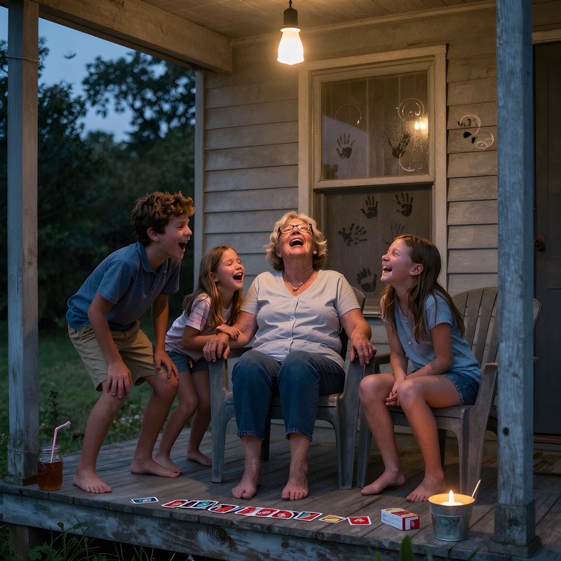 Laughter and fun on the porch at night with family Premium Stock Photo - stock photo