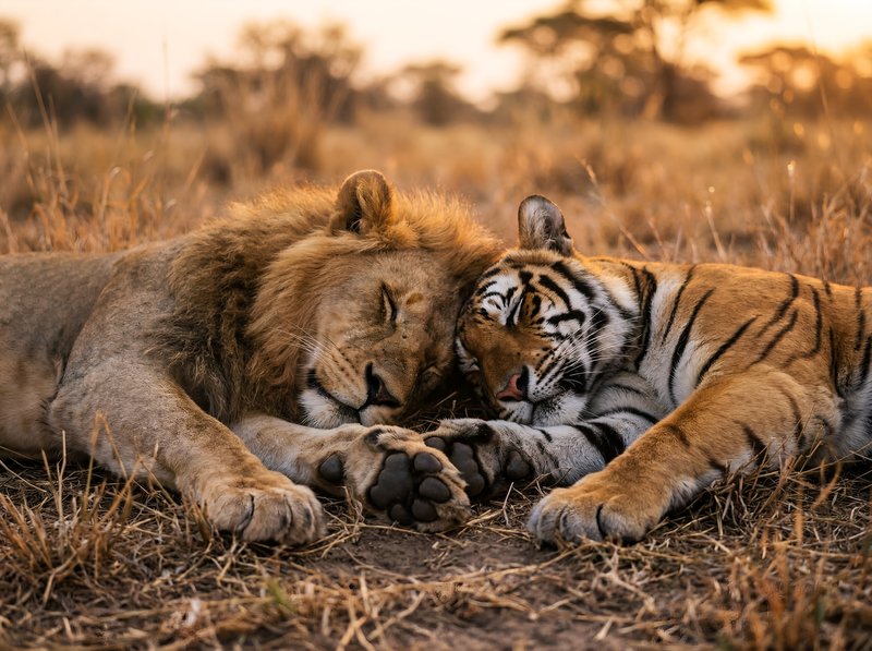 Lions and tigers resting together in a golden savanna Premium Stock Photo - stock photo