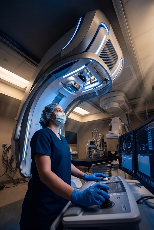 Medical professional operates advanced imaging equipment in lab Premium Stock Photo - stock photo