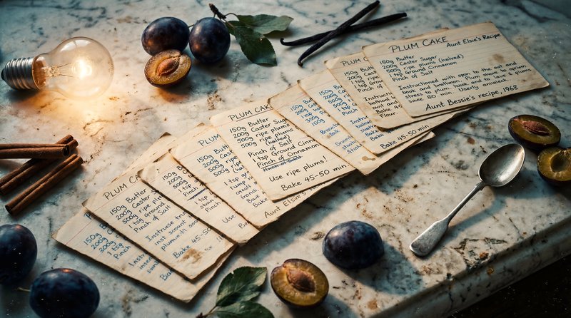 Handwritten recipes on a marble table with plums and spices Premium Stock Image - stock photo