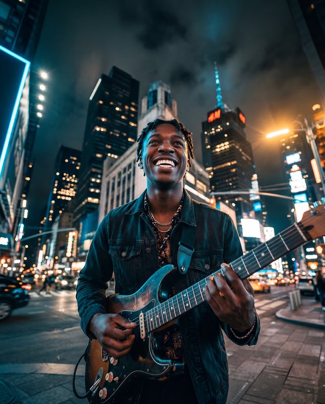 Man plays guitar and smiles in Times Square at night Premium Stock Photo - stock photo