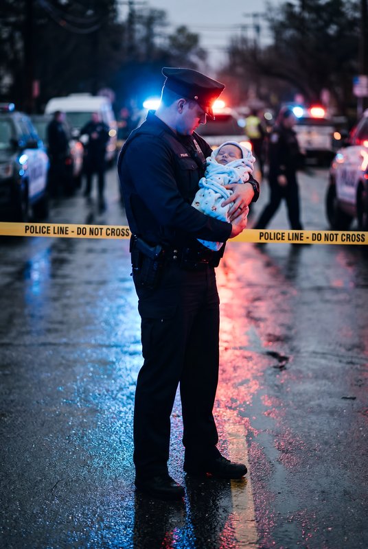 Police officer holds baby during night scene with lights Premium Stock Image - stock photo