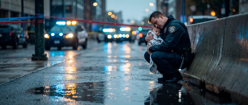 Officer holds child during emergency response at street Premium Stock Image - stock photo