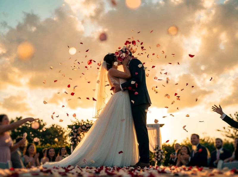 Couple exchanges kiss with rose petals in evening light Premium Stock Photo - stock photo