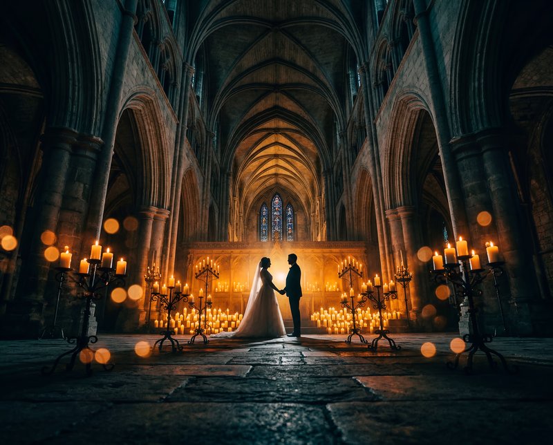 Couple stands together in a candlelit space during a ceremony Premium Stock Image - stock photo